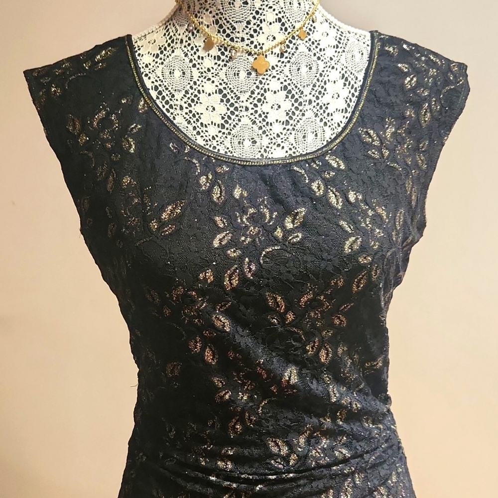 [L] MAX STUDIO Black & Gold Lace Dress EUC